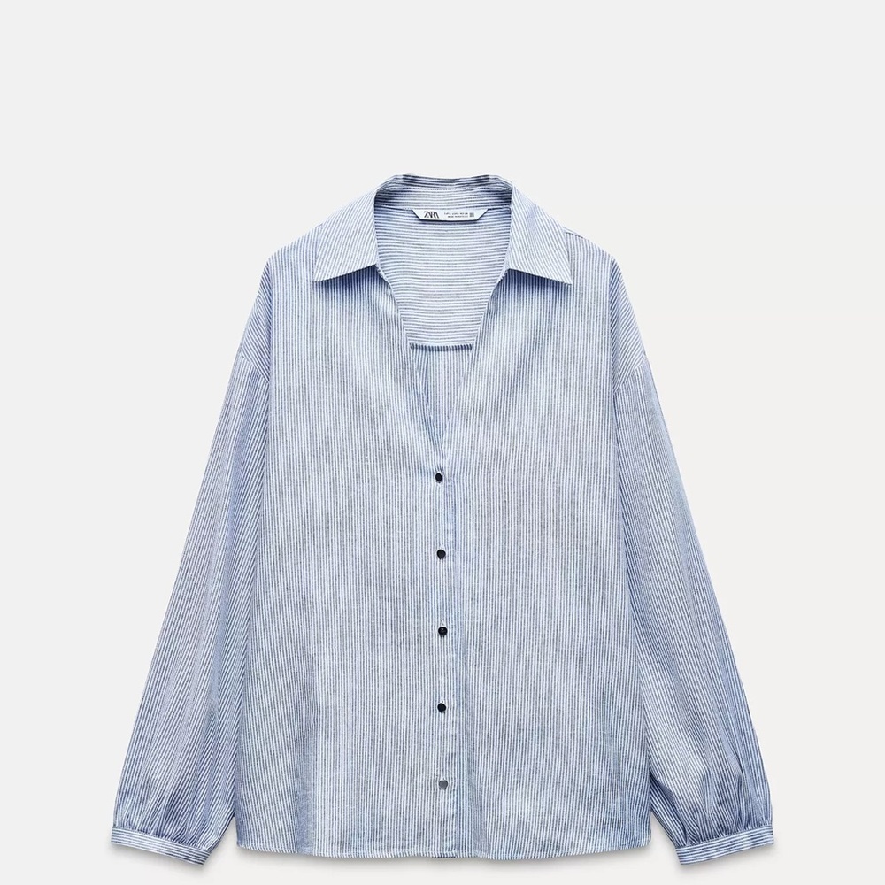 Zara Linen Blend Blue Striped Button-Up Shirt NWT